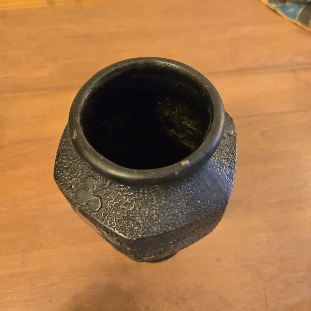 Antique Vtg Japanese Tokanabe Black Vase Hand Painted Floral Bird, 10